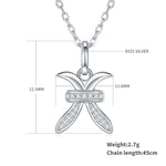 Silver necklace with Pisces Zodiac Pendant  and measurement details on a white background