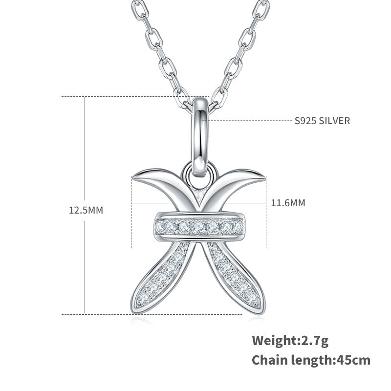 Silver necklace with Pisces Zodiac Pendant  and measurement details on a white background