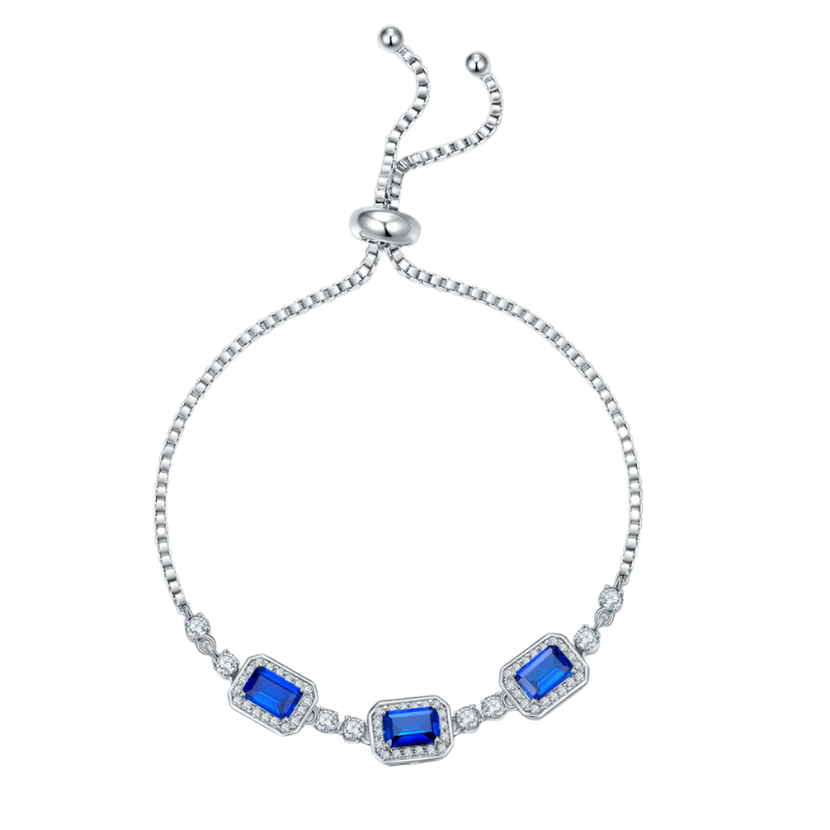 Silver bracelet with blue sapphire gemstones on a white background