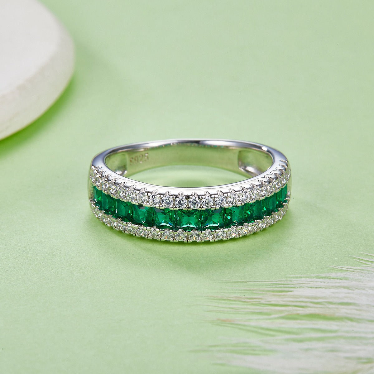 Sterling Silver S925 Stackable Lab-Grown Ruby Sapphire Emerald Band Ring