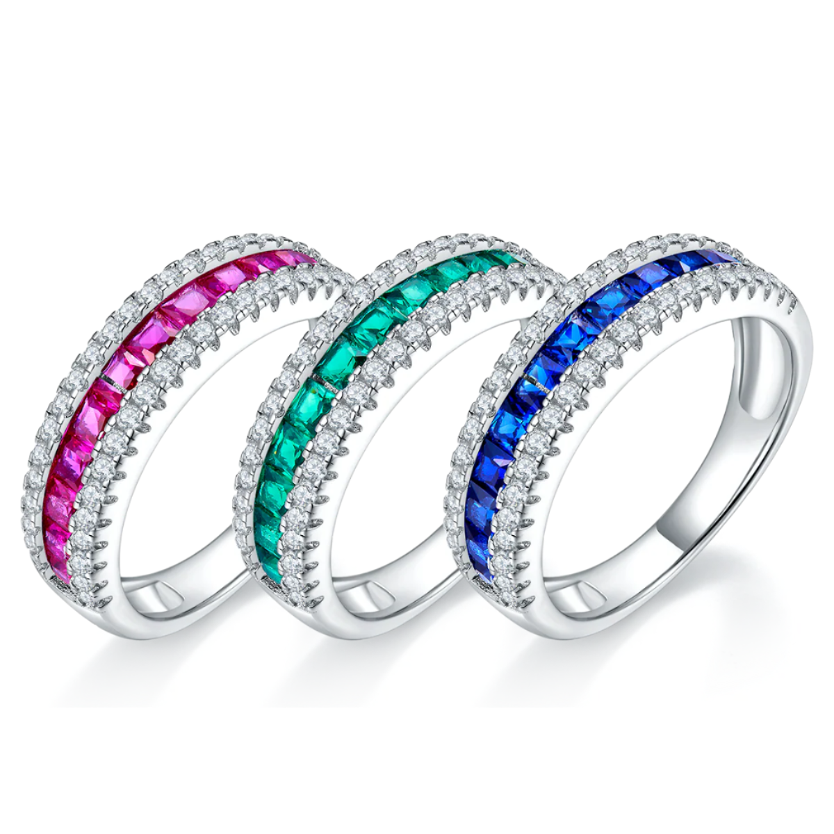 Sterling Silver S925 Stackable Lab-Grown Ruby Sapphire Emerald Band Ring