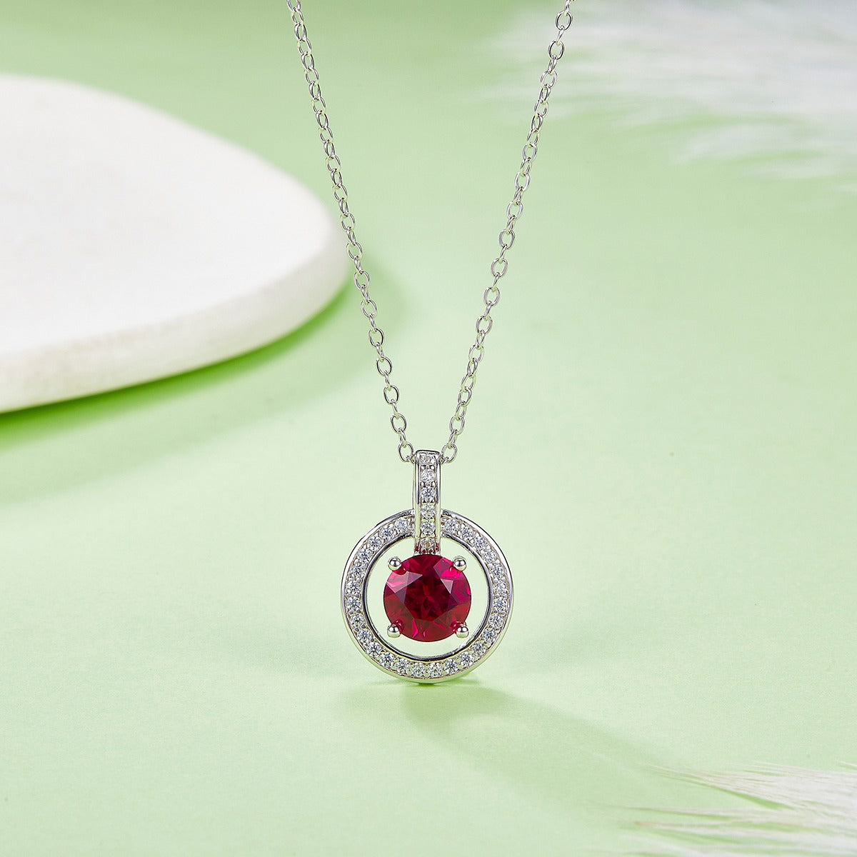 18K White Gold Plated S925 Round Halo Pendant Necklace with Moissanite or Lab-Grown Ruby, 1CT Double Circle Design