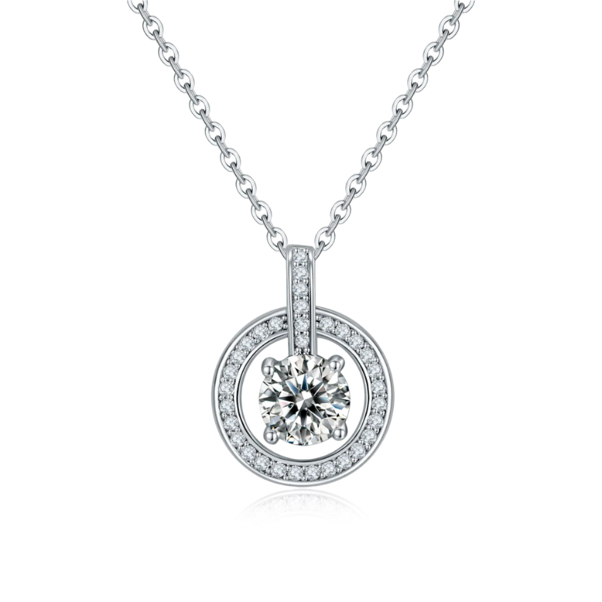 Silver necklace with a round diamond pendant on a white background