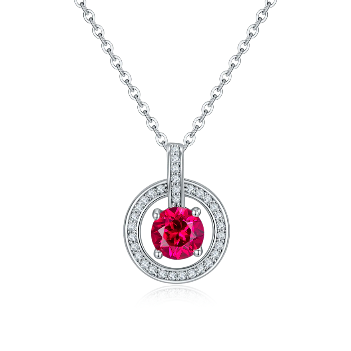 Silver necklace with a red gemstone pendant on a white background