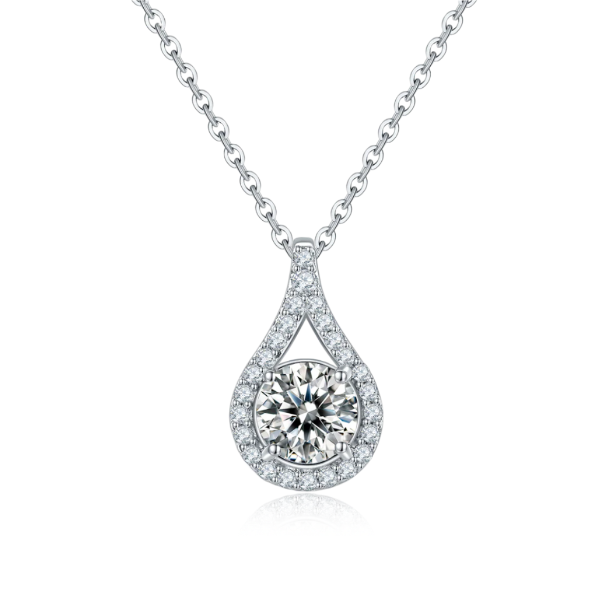 18K White Gold Plated S925 Teardrop Necklace with Moissanite, Ruby, or Emerald, 1CT Pavé Halo Pendant
