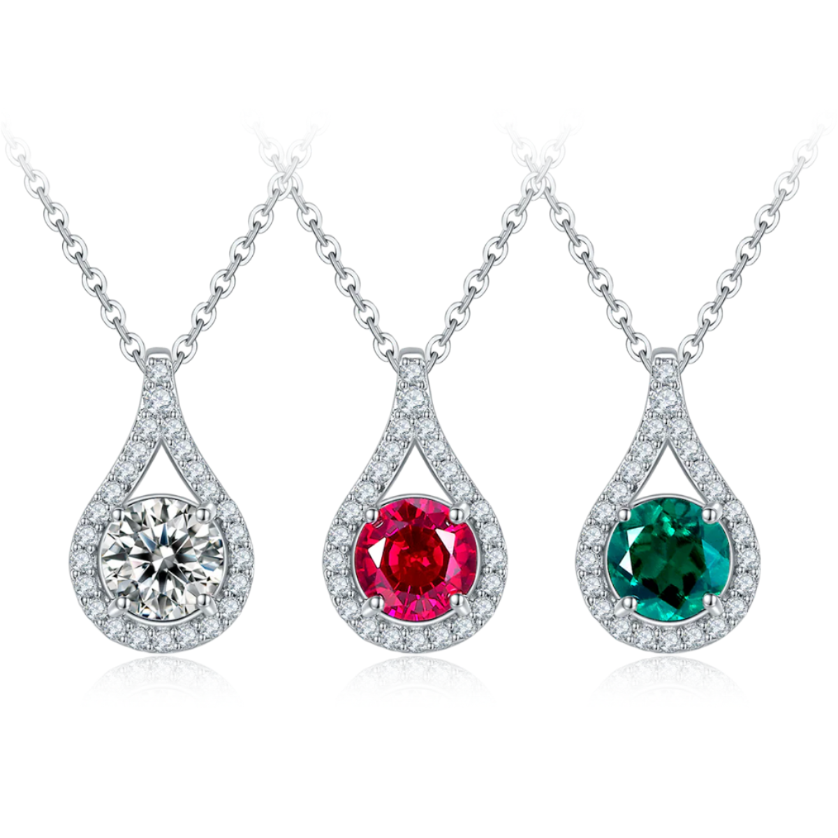 Three teardrop-shaped gemstone pendants on white chains with a white background.