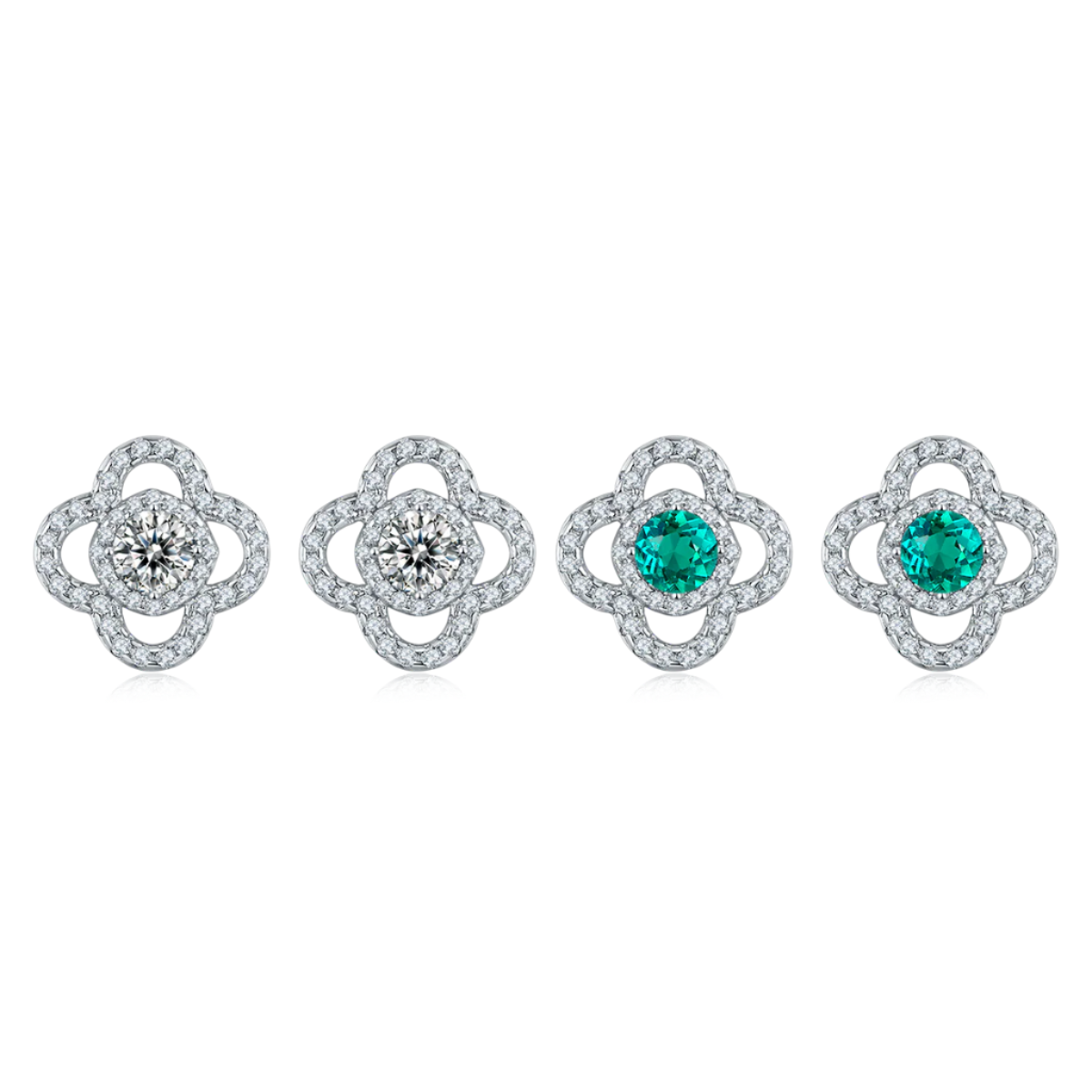 Four floral earrings with gemstones on a white background