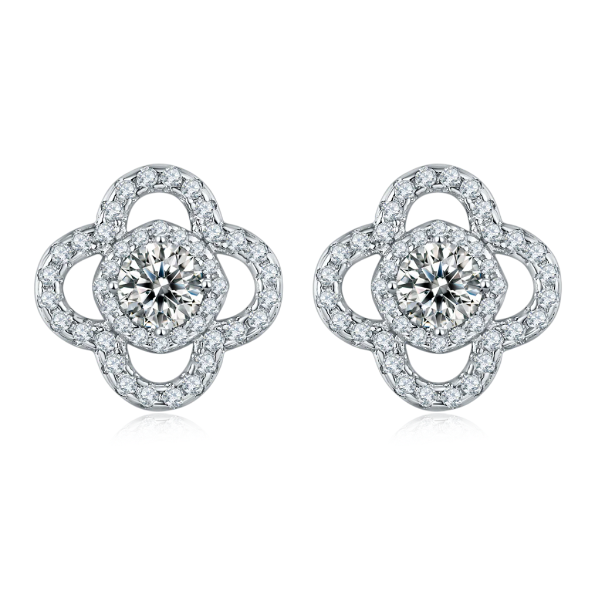 Pair of silver flower-shaped earrings with moissanite gemstones on a white background