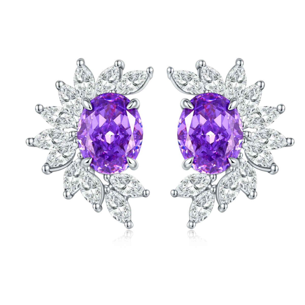 Pair of purple gemstone earrings with silver floral designs on a white background
