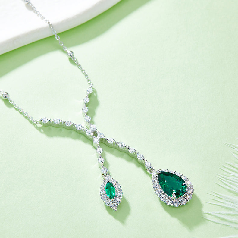 Pear-Shaped Created Emerald Necklace, S925 Sterling Silver, 1.88CT Gemstones AdornMazing Lab-Grown Emerald Necklace.