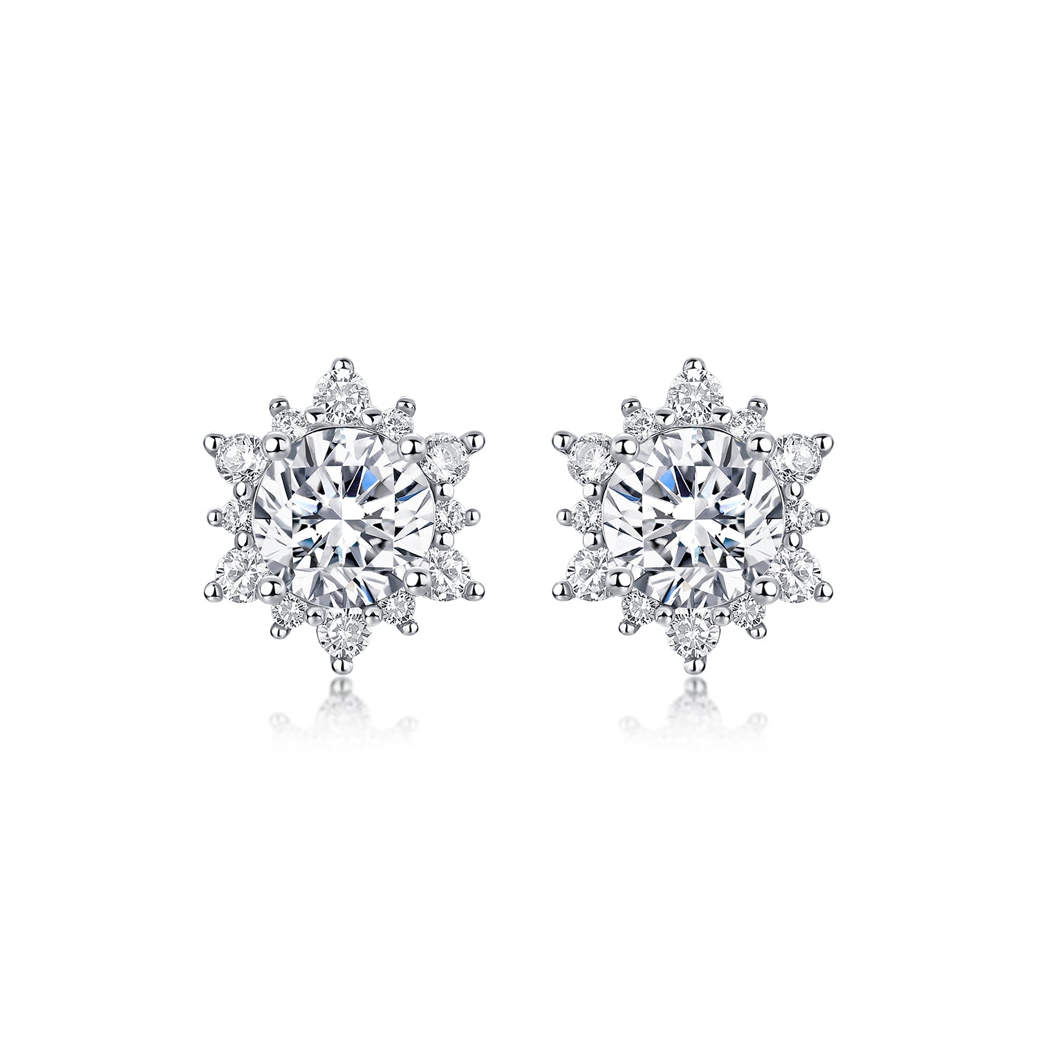 Pair of 2.48CT round moissanite halo stud earrings, front view