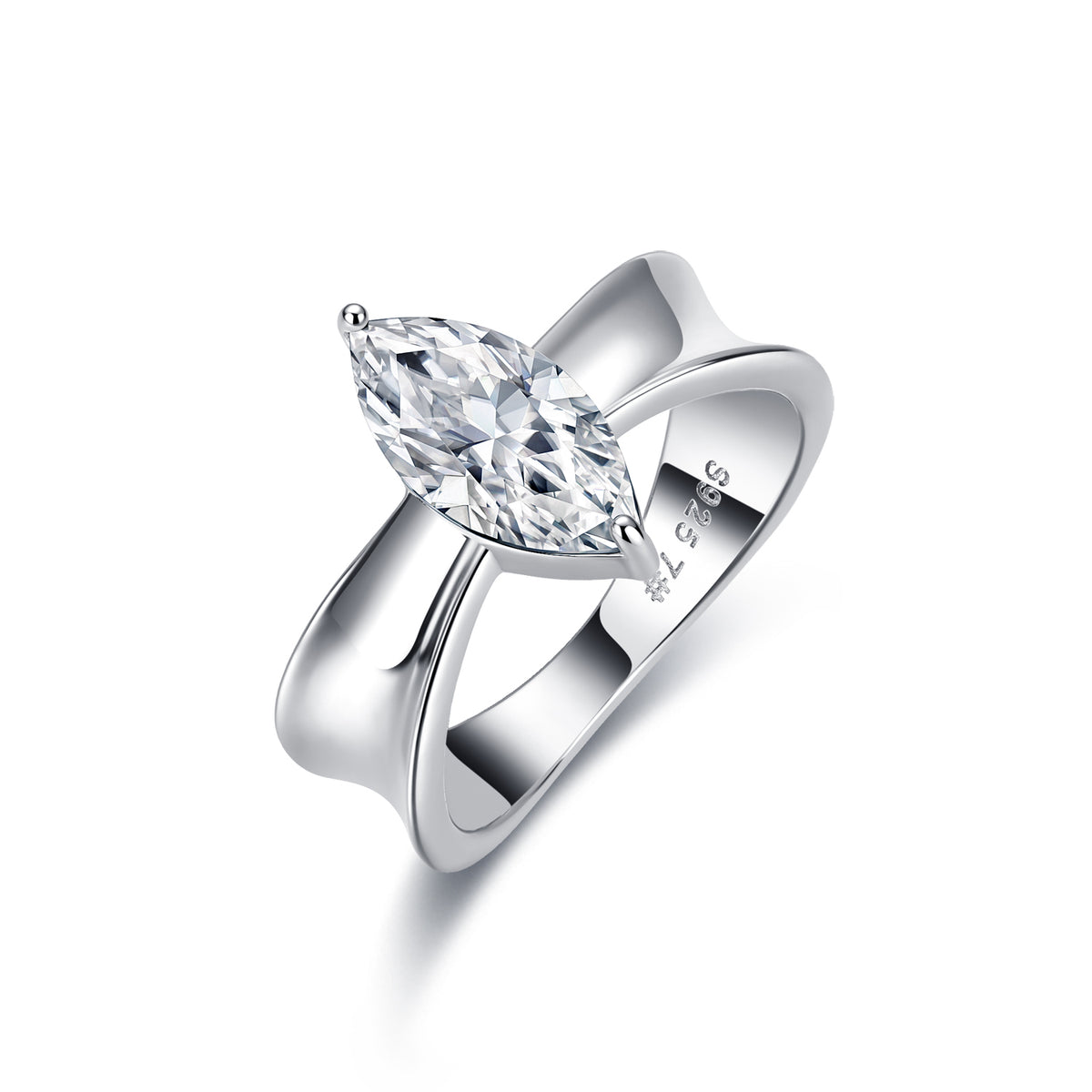 3CT marquise moissanite engagement ring in S925 sterling silver, front angled view
