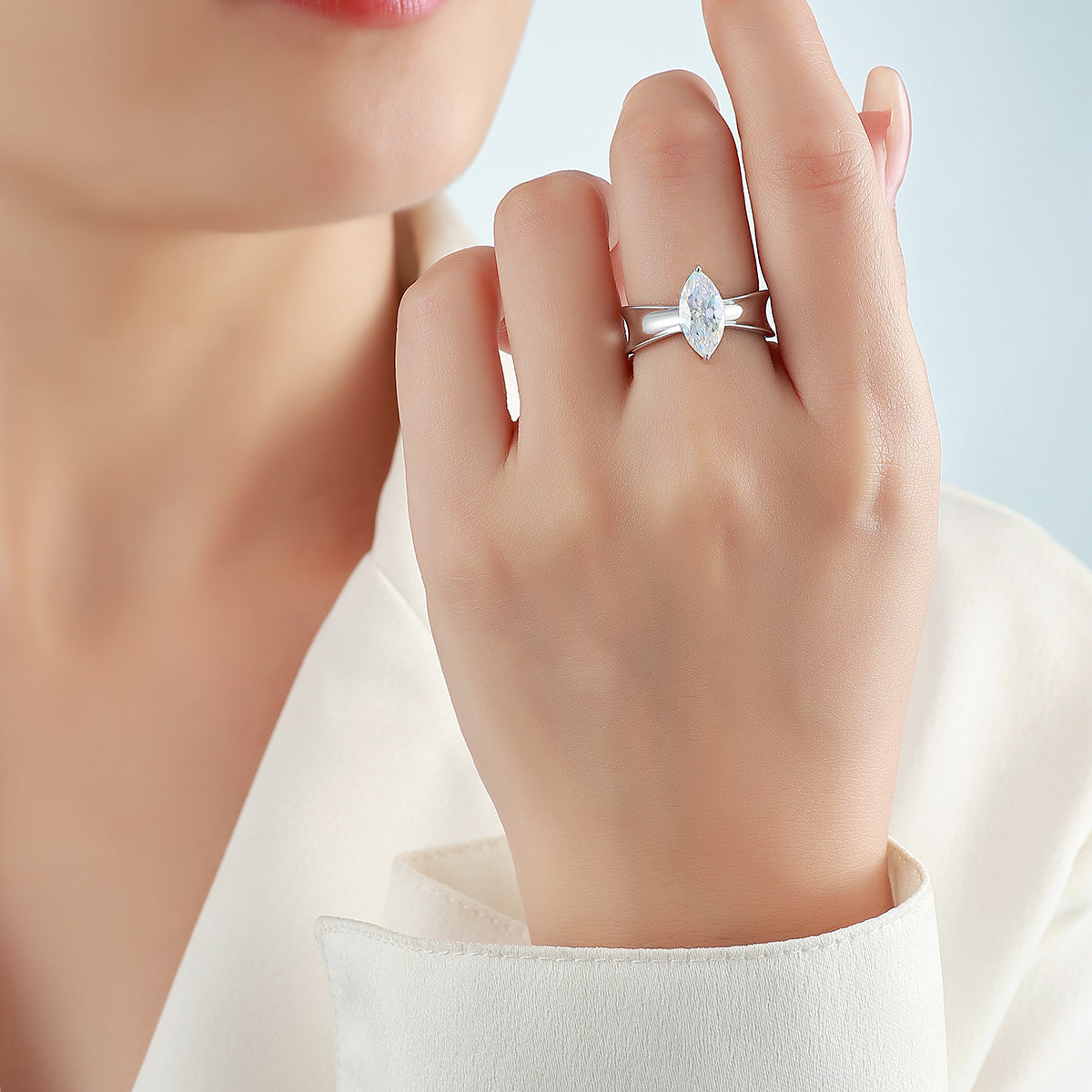 3CT marquise moissanite ring worn on hand for scale