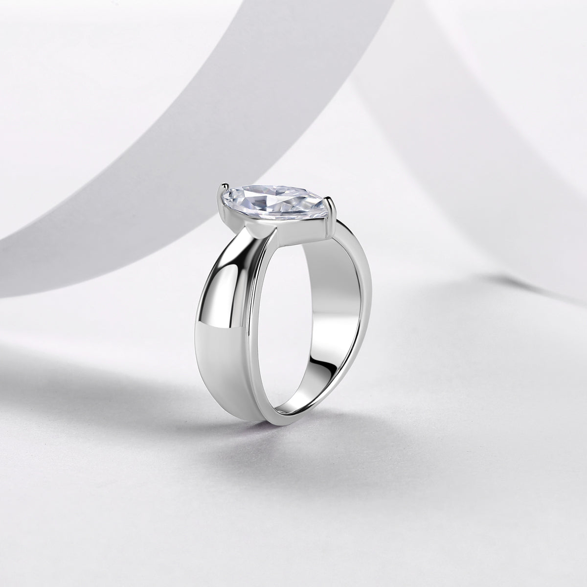 3CT marquise moissanite ring showing sculptural split band and side profile