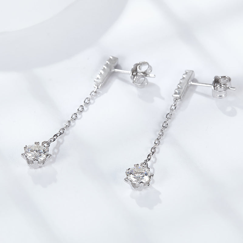 Moissanite chain-drop earrings showing posts and butterfly backs