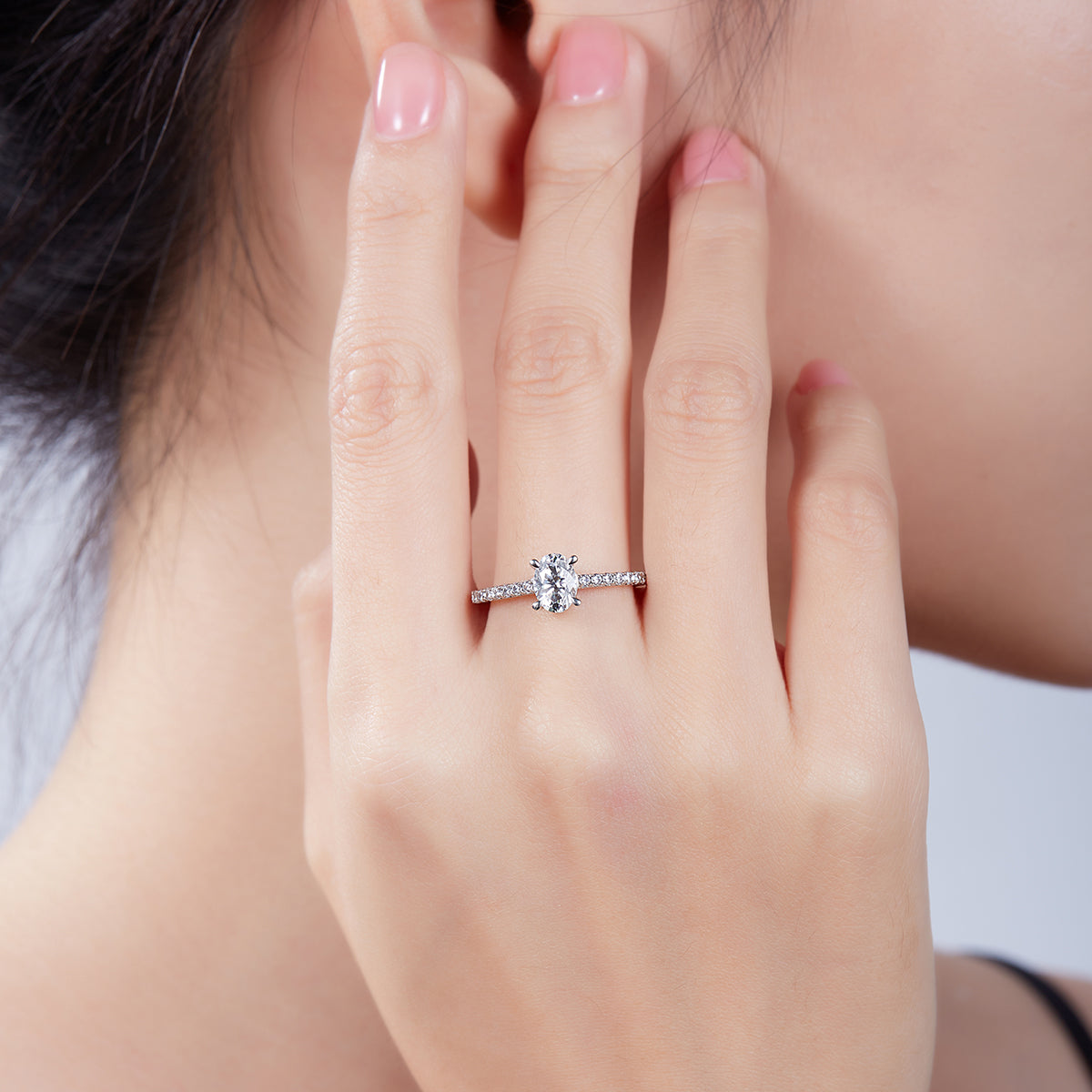 Oval pave ring shown on hand