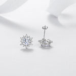 Round moissanite halo stud earrings showing front, side, and butterfly back