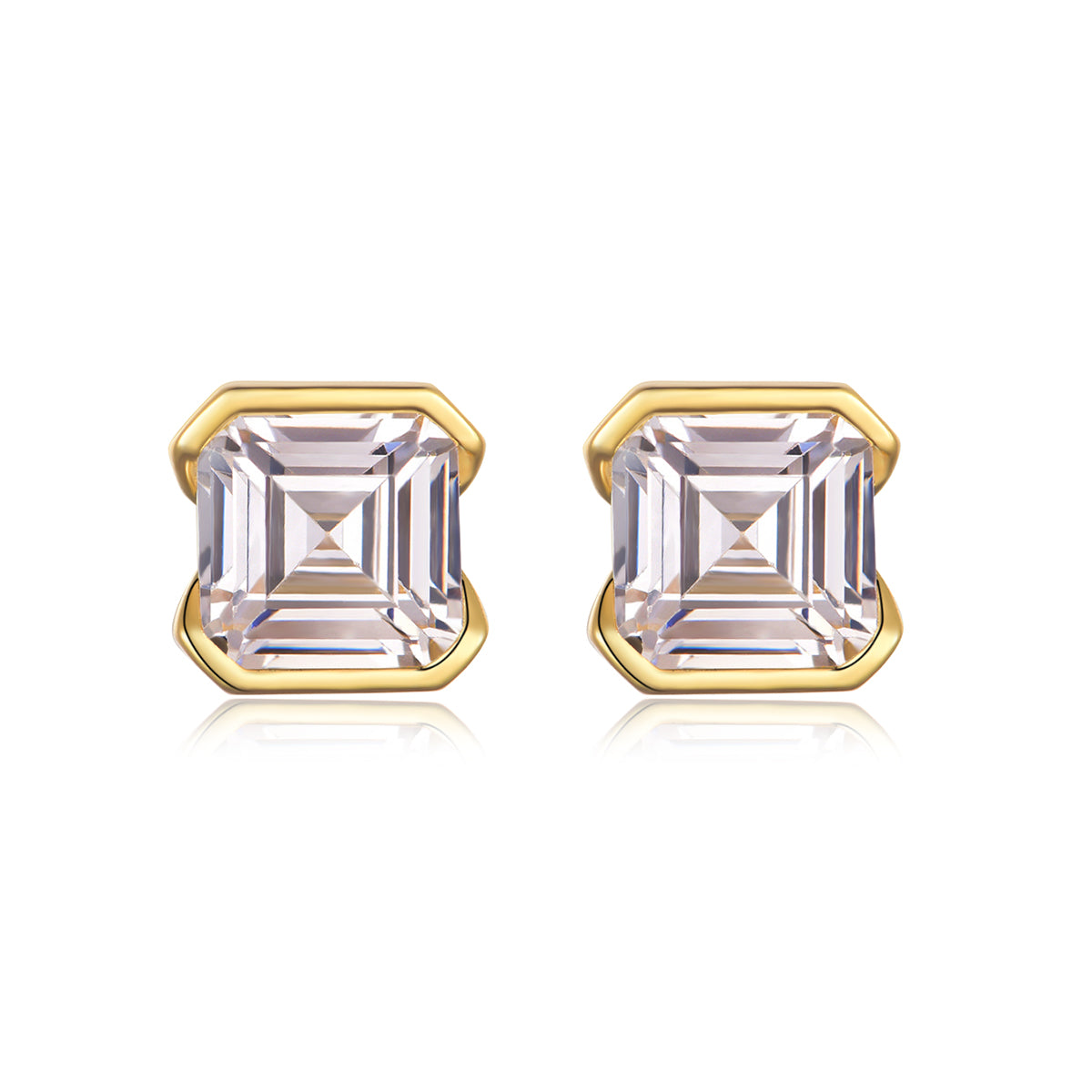Asscher-cut moissanite stud earrings in yellow gold-plated sterling silver