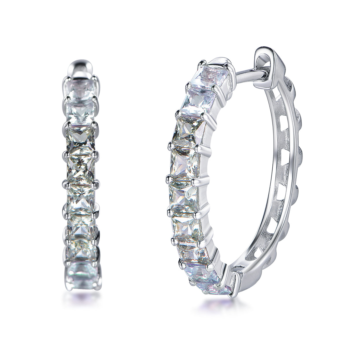 Green gradient princess-cut lab-grown gemstone hoop earrings in S925 silver