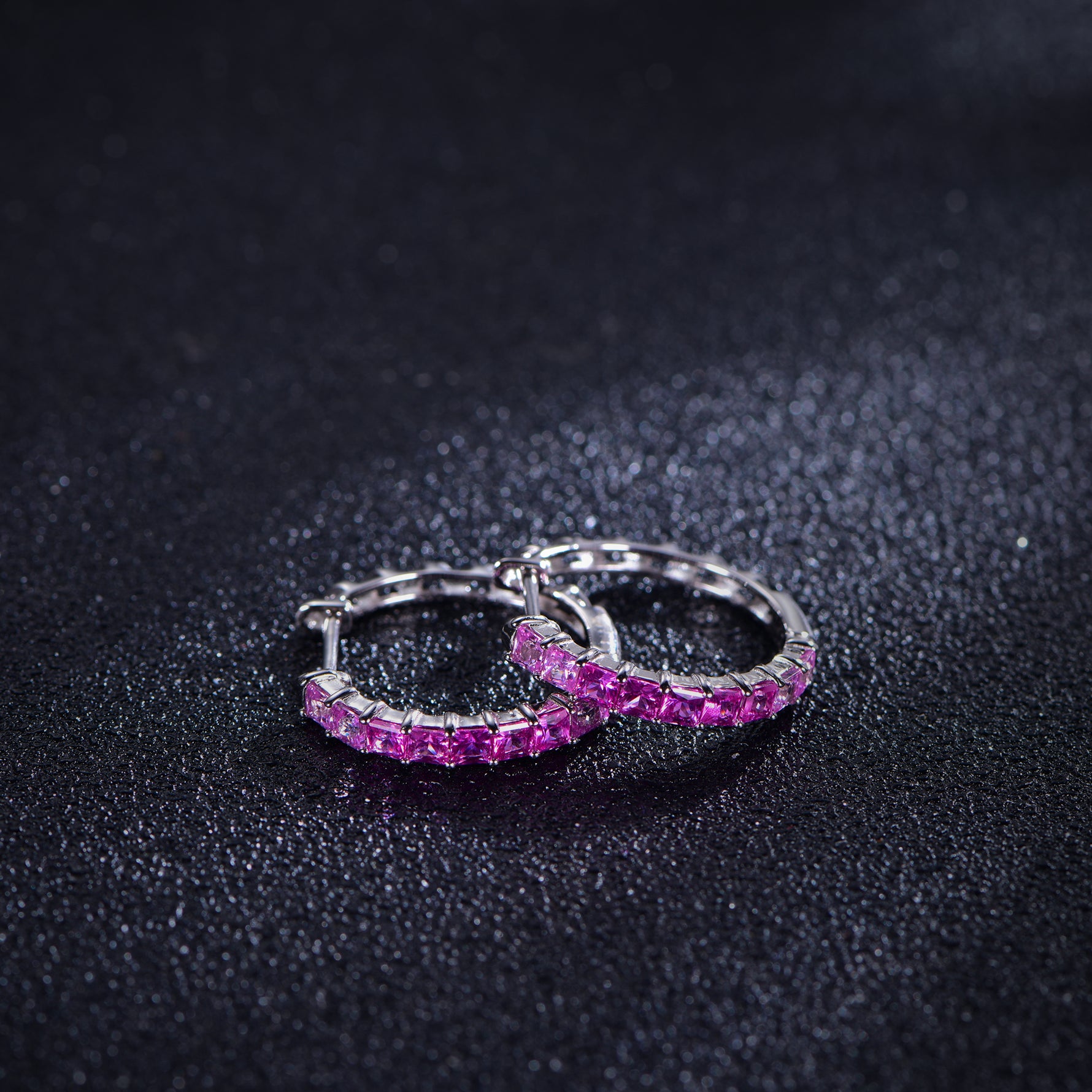 Pink gradient lab-grown gemstone hoop earrings, angled pair