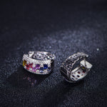 Rainbow baguette hoop earrings showing front and side