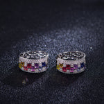 Rainbow baguette gemstone and moissanite hoop earrings, front view