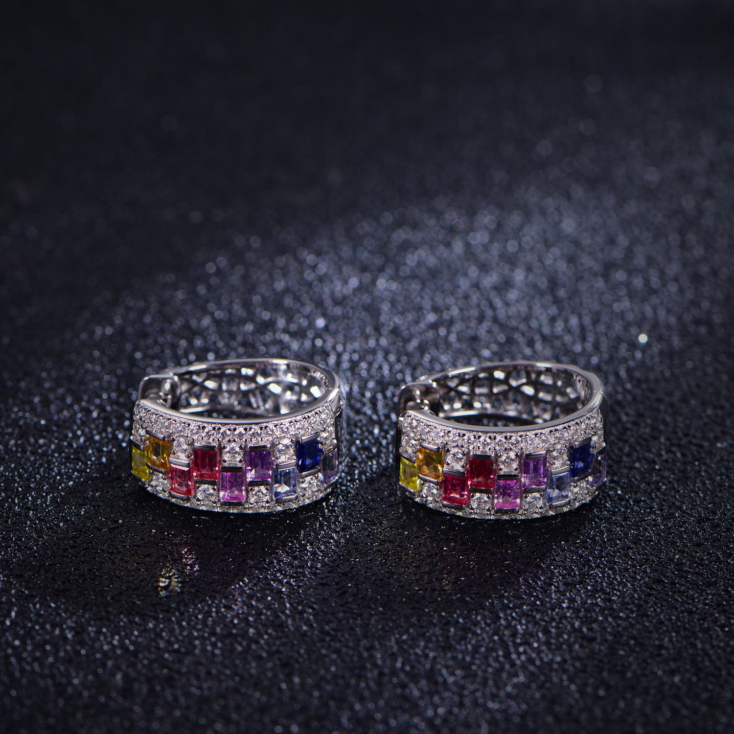 Rainbow baguette gemstone and moissanite hoop earrings, front view