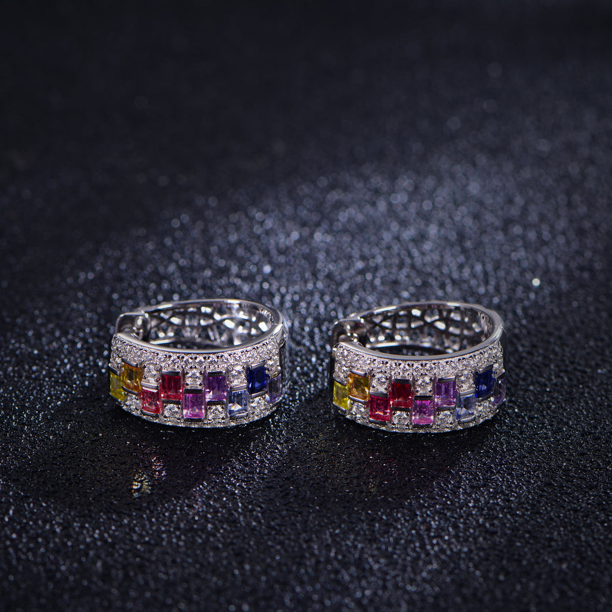 Rainbow baguette gemstone and moissanite hoop earrings, front view
