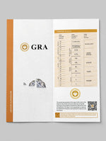 Inside the GRA Moissanite Report showing grading scales and security features